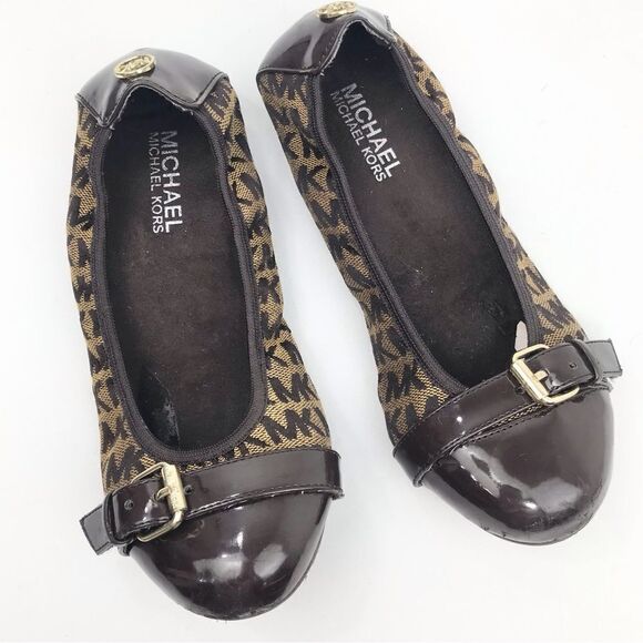 Michael Michael Kors ERIN Brown Logo Fabric Cap Toe Ballet Flats - Picture 1 of 11